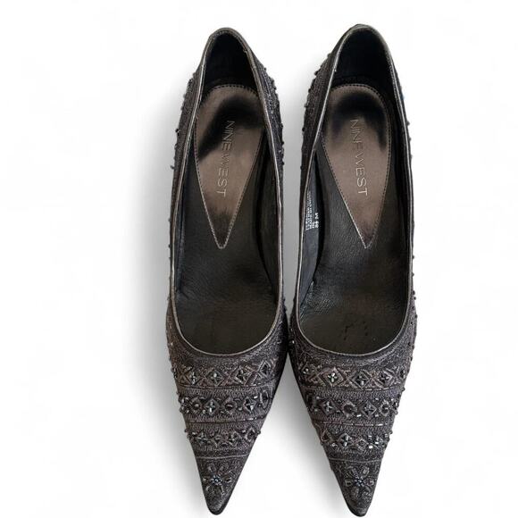 Y2K VTG. NINE WEST BLACK BEADED EMBELLISHED  POINTED TOE PUMPS SIZE 8 1/2 - Picture 3 of 7